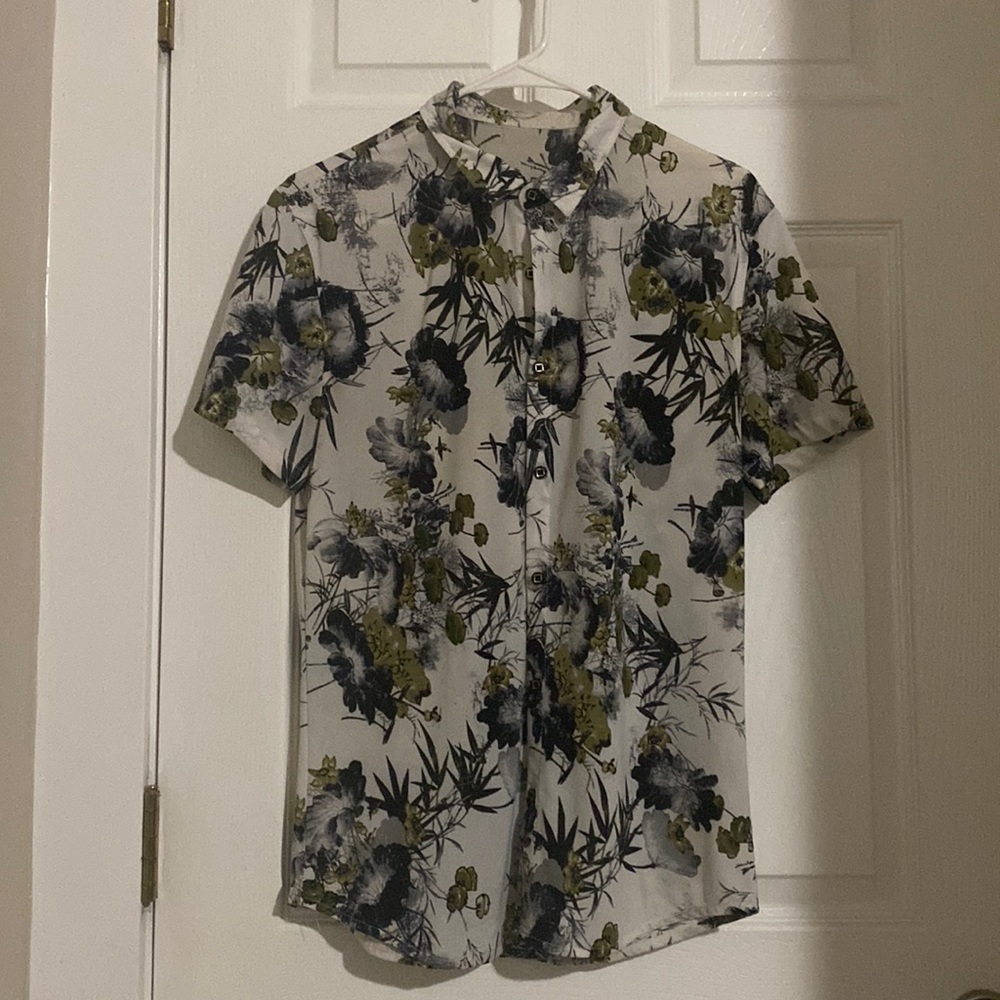 Short Sleeve Green + Dark Ash Floral print Button Down